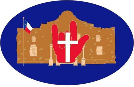 logo of South Central Jurisdiction, the Alamo with a hand signing I Love You.