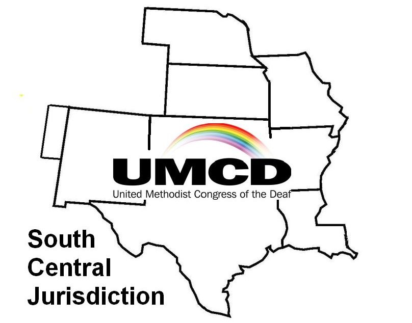 logo of South Central Jurisdiction, map with UMCD rainbow.