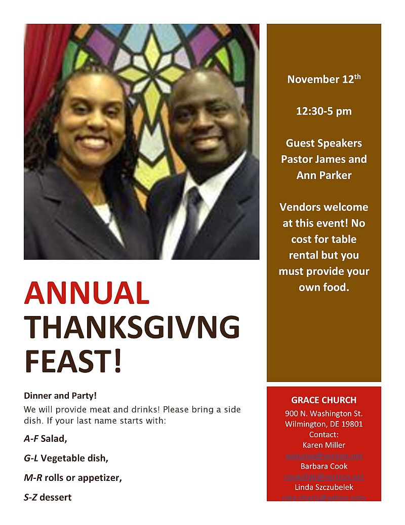 Thanksgiving feast, Grace UMC, 900 N. Washington St., Wilmington DE 1901, 12:30 - 5:00 p.m.