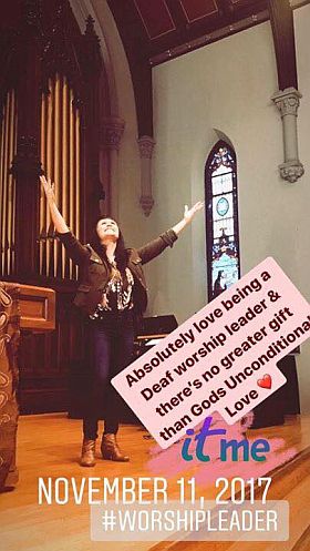 poster for event, shows Megg Rose with her hands raised, text reads Absolutely love being a Deaf worship leader and there's no greater gift than God's unconditional love.